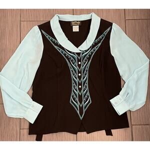 Vintage Bob Mackie Wearable Art Pearl Button Up Long Sleeve Blouse Size Large